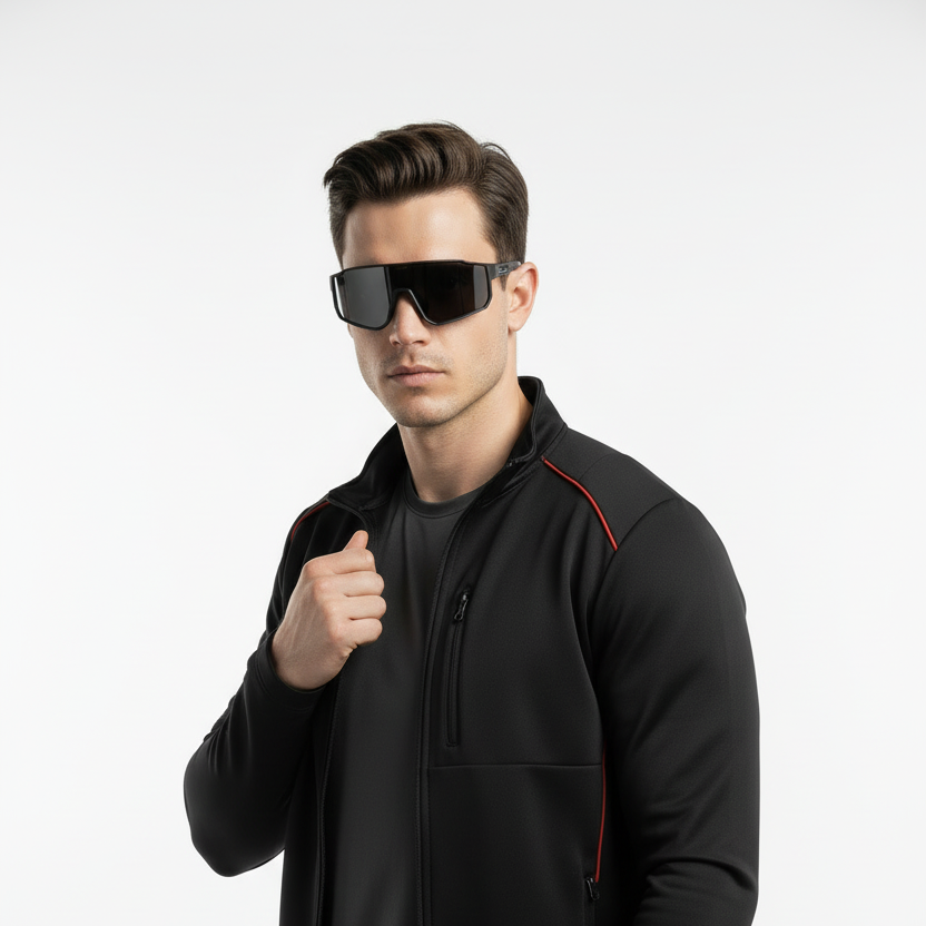 Modelo con gafas deportivas negras en estudio profesional