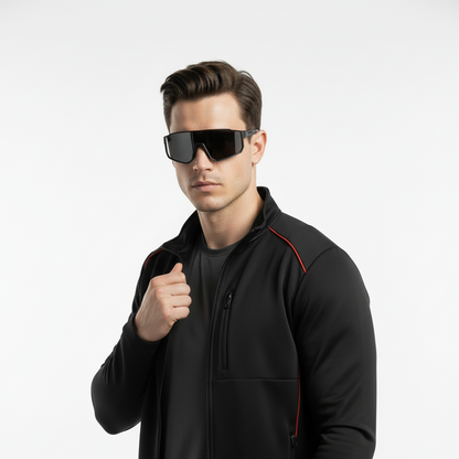 Modelo con gafas deportivas negras en estudio profesional