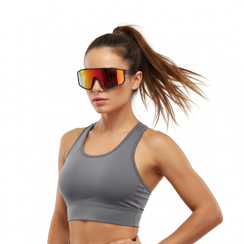 Modelo con gafas deportivas negras y rojas